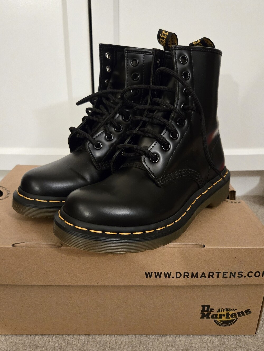 Dr. Martens Black Leather Lace-Up Ankle Boots with Yellow Stitching